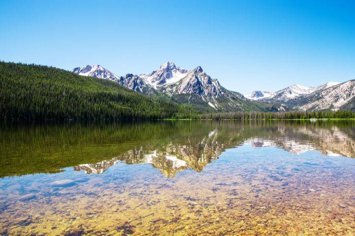 A view of Redfish Lake from a trail on the shore.