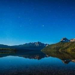 A sweeping view of Redfish Lake as the sun sets.