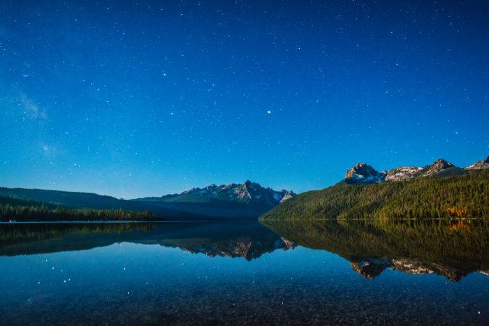 A sweeping view of Redfish Lake as the sun sets.