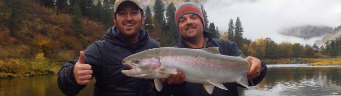 two men holding large steelhead.