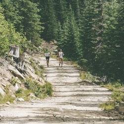 two runners on a mountain trail