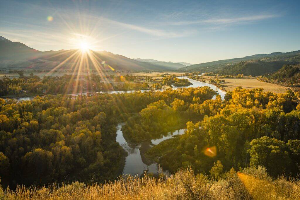 Golden hour view over the South Fork of the Snake River.