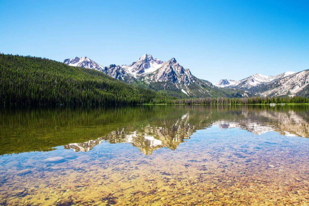 A scenic view of Stanley Lake in Stanley.