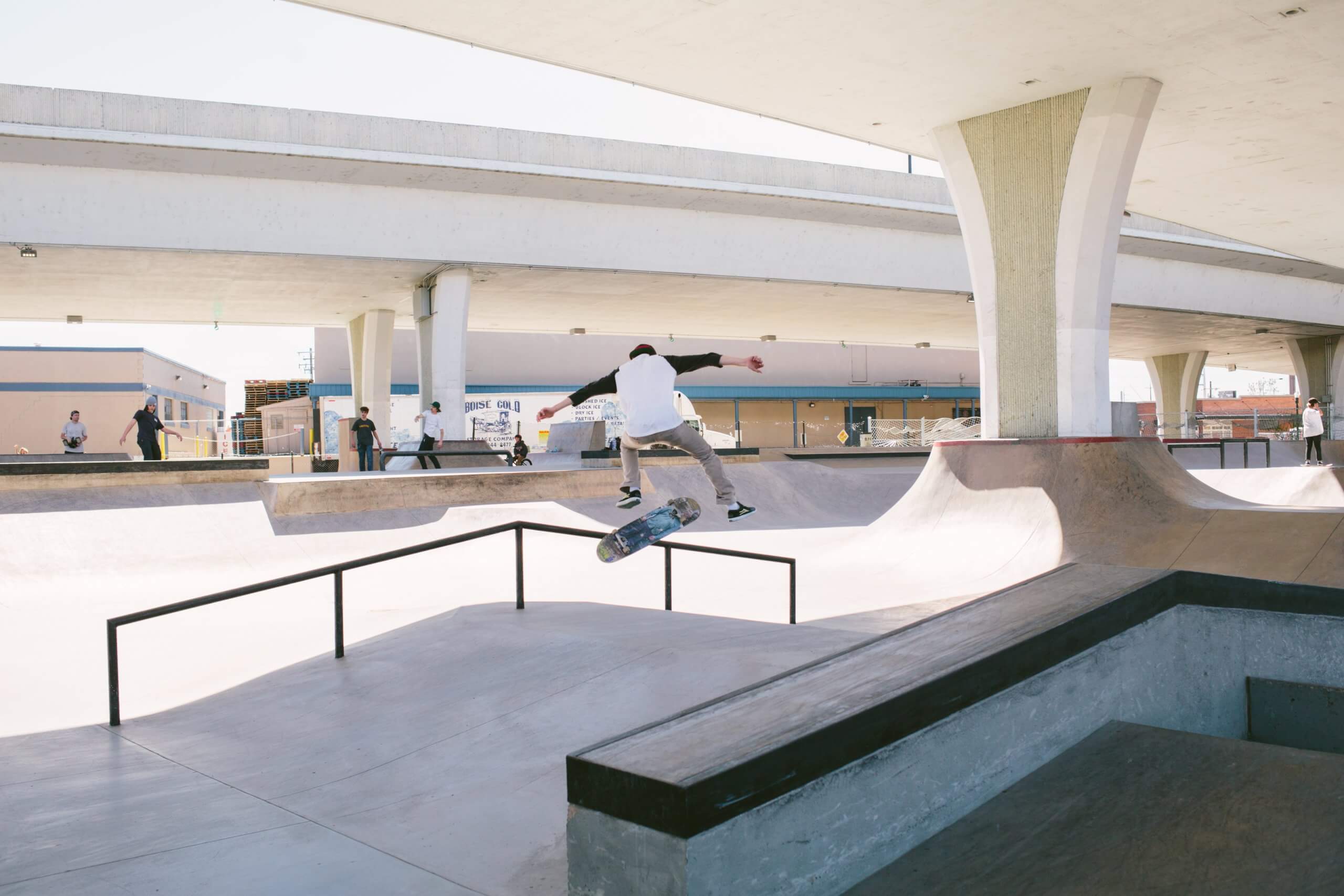 A person skateboarding at Rhodes Skate Park in Boise.