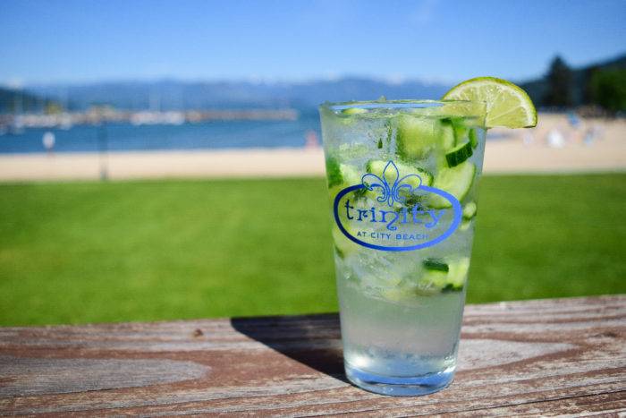 mixed drink on outdoor deck.