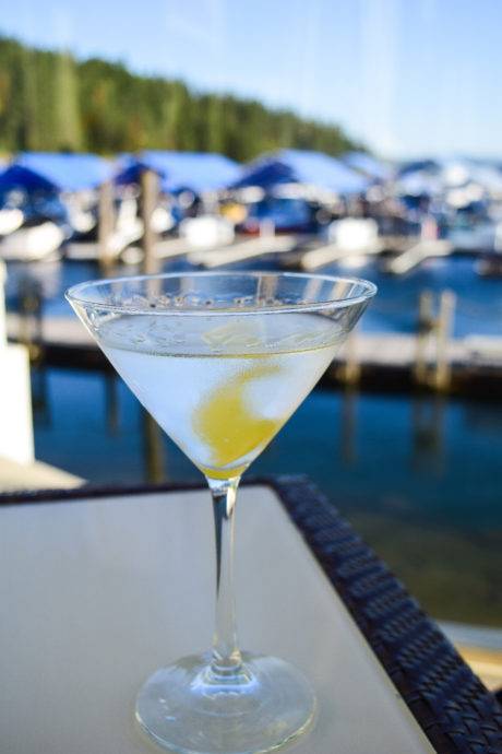 martini glass with lake in background