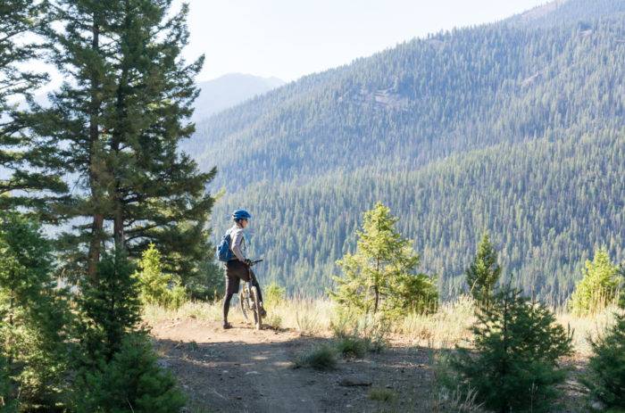 MOUNTAIN BIKER LOOKING OVER FOREST.