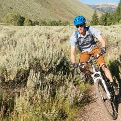 mountain biker riding trail along sagebrush