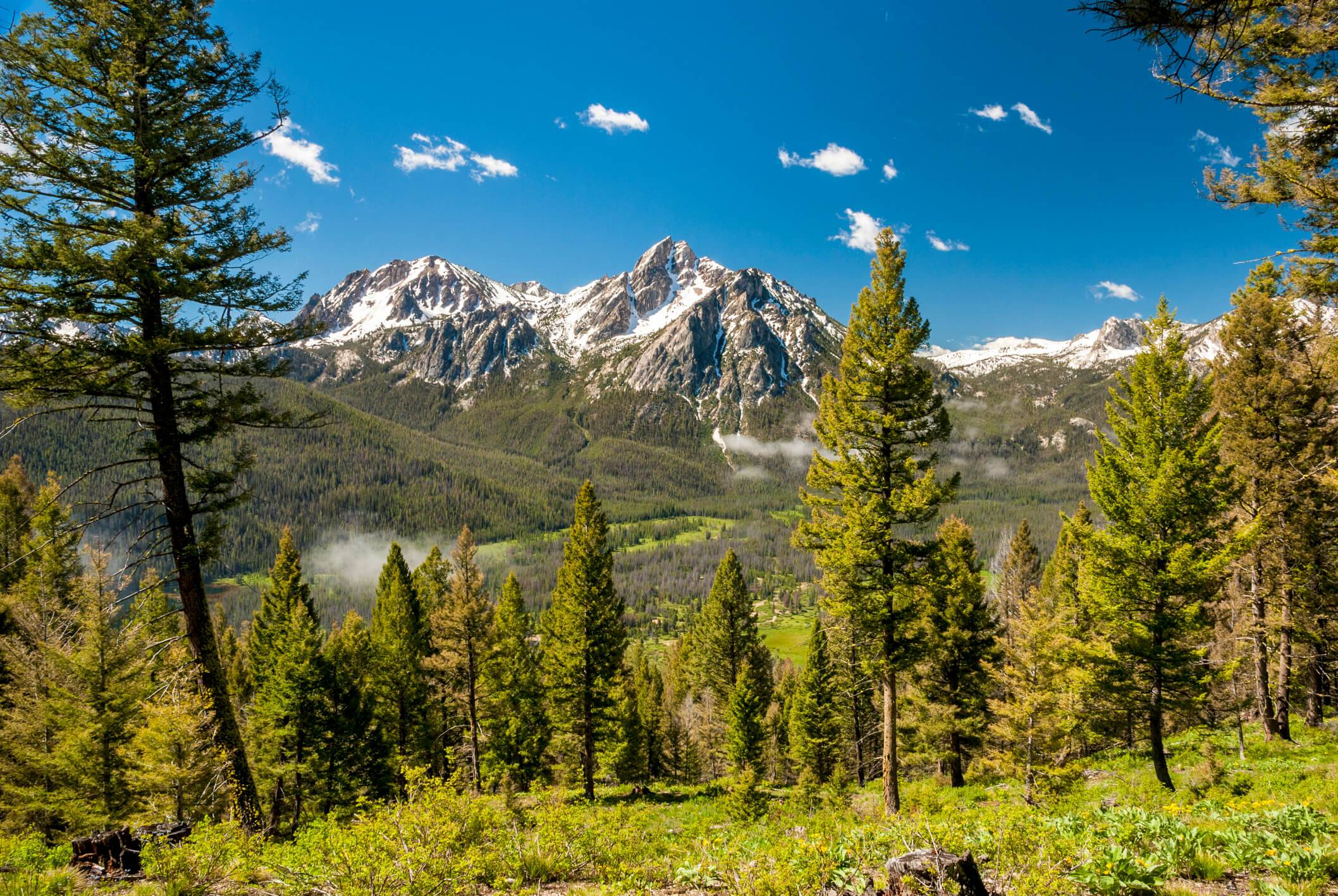 Low clouds and a green valley surrounding the snow capped Sawtooth Mountains.