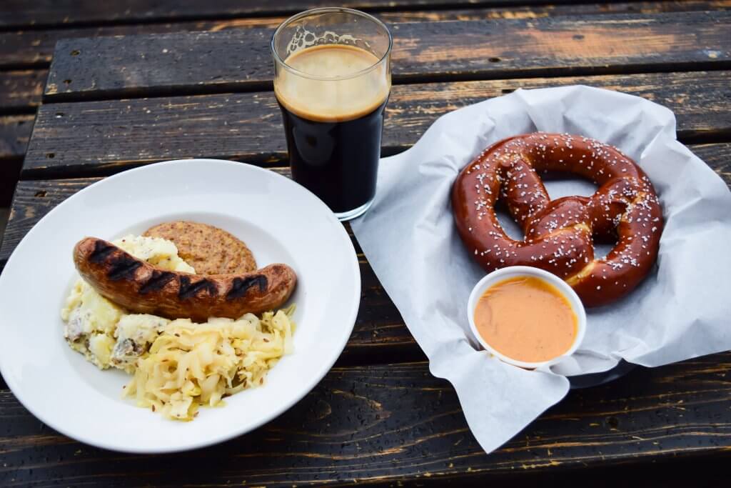 beer and soft pretzel with cheese