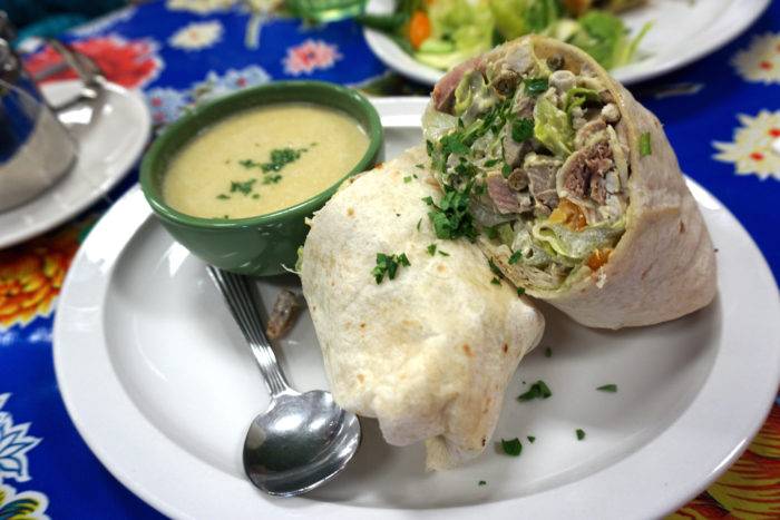 a wrap sandwich and soup