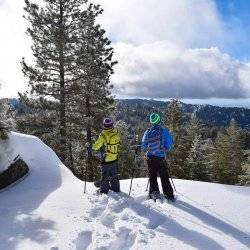 Three people exploring family-friendly snowshoe trails.