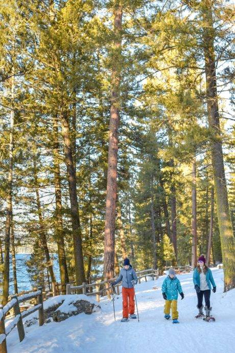 Three people exploring family-friendly snowshoe trails.