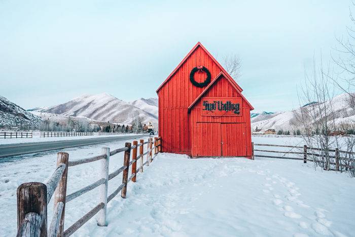 red barn in snowy field