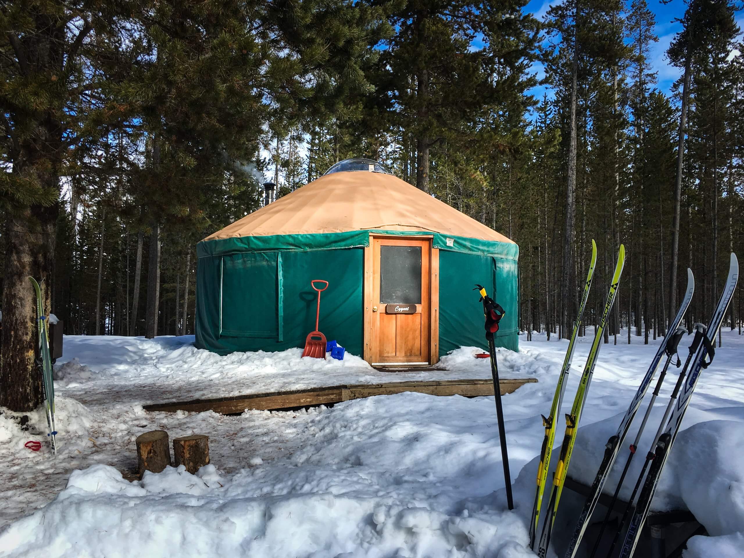 exterior of snowy yurt