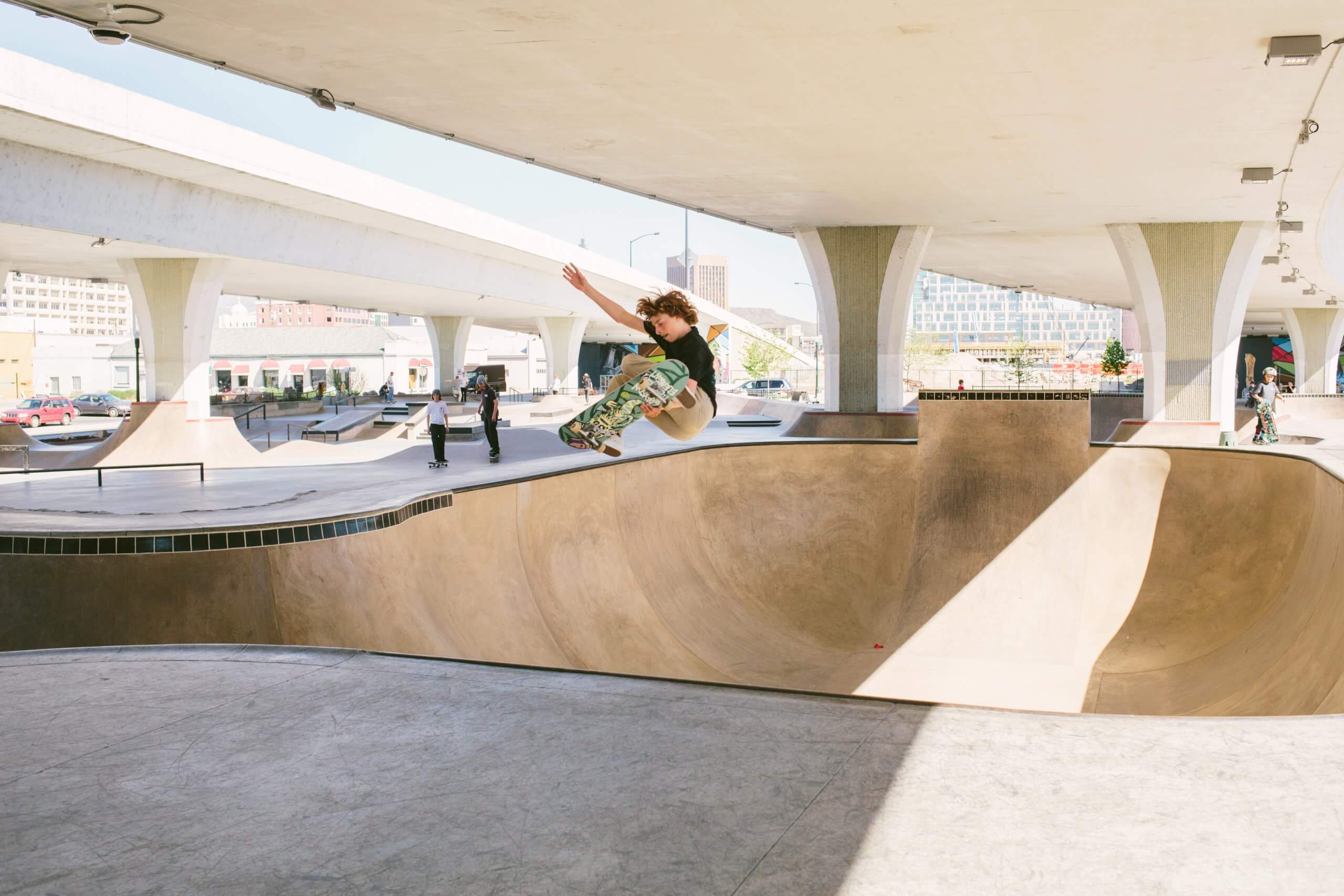 Skateboarding at Rhodes Skate Park, Boise.