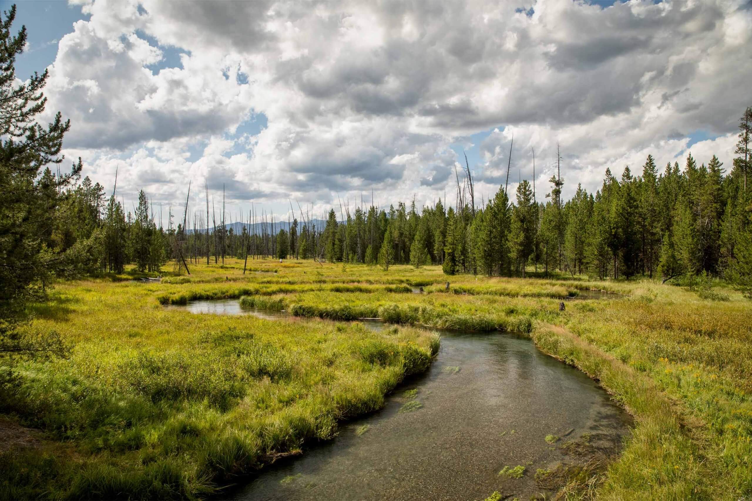 A cloudy sky overlooks the scenic Island Park Reservoir along the Henry's Fork.