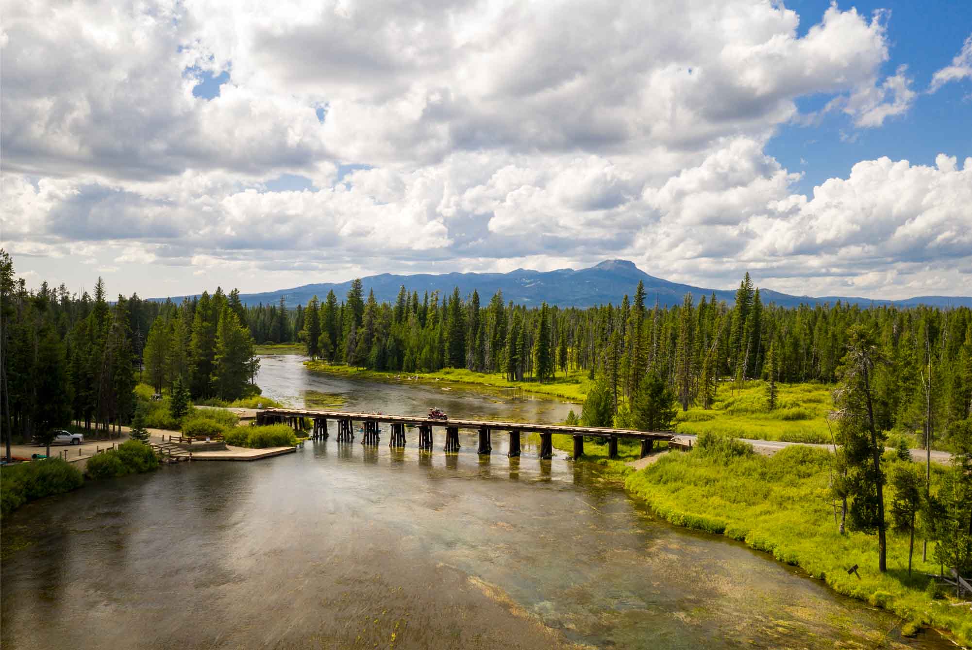 A cloudy sky overlooks the scenic Island Park Reservoir along the Henry's Fork.