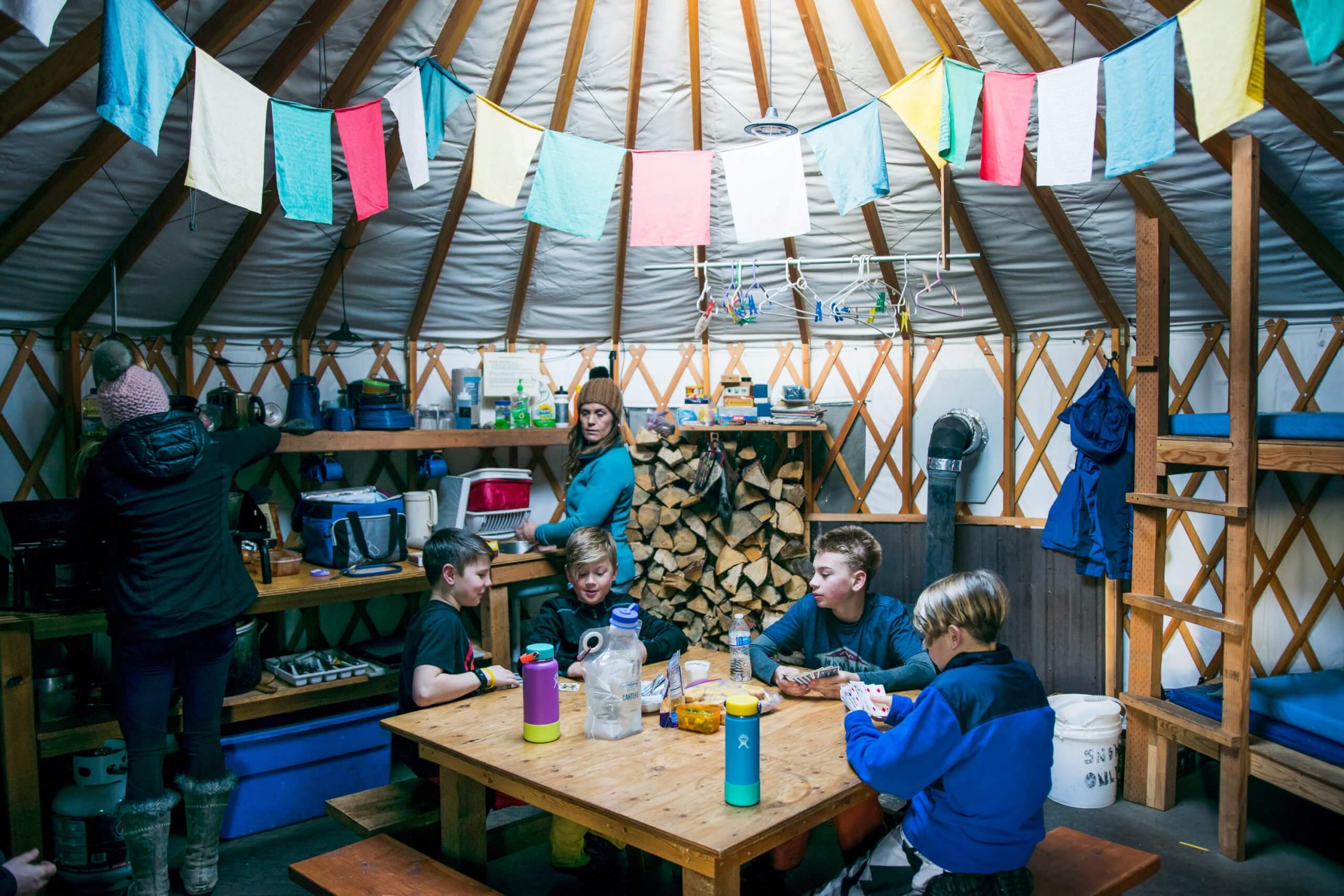 eating dinner inside a yurt