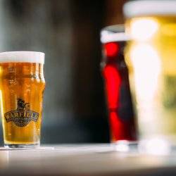 A detail shot of a glass of beer at Warfield Distillery and Brewery in Ketchum.