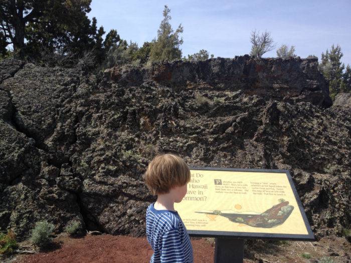 child reading interpretive sign