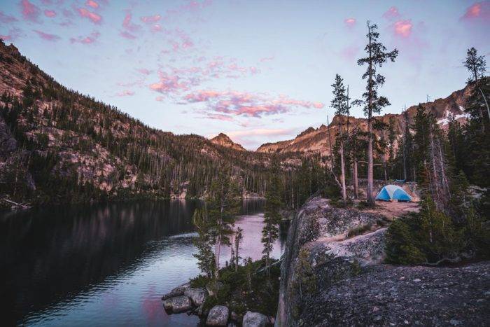 tent above alpine lake