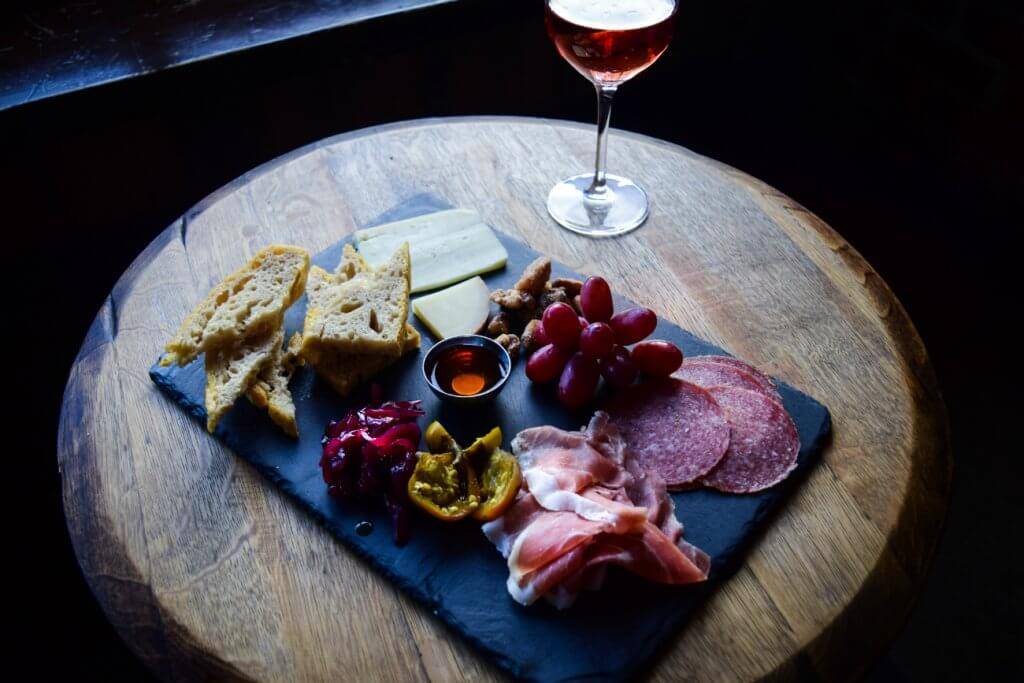 plate of food and wine glass