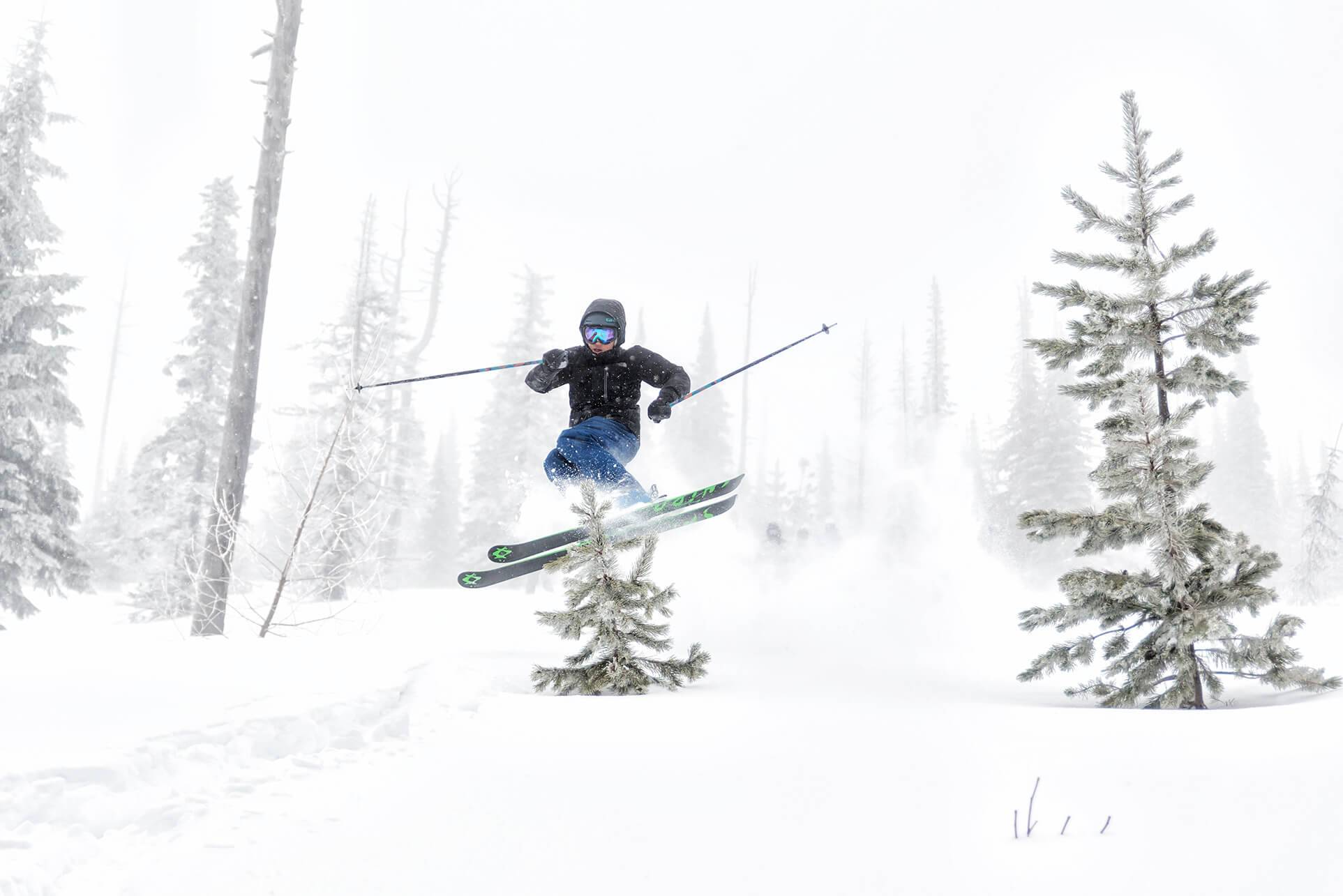 a person on skis jumping in mid-air surrounded by snow-covered trees