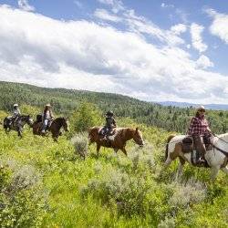 A family horseback riding in a green valley.