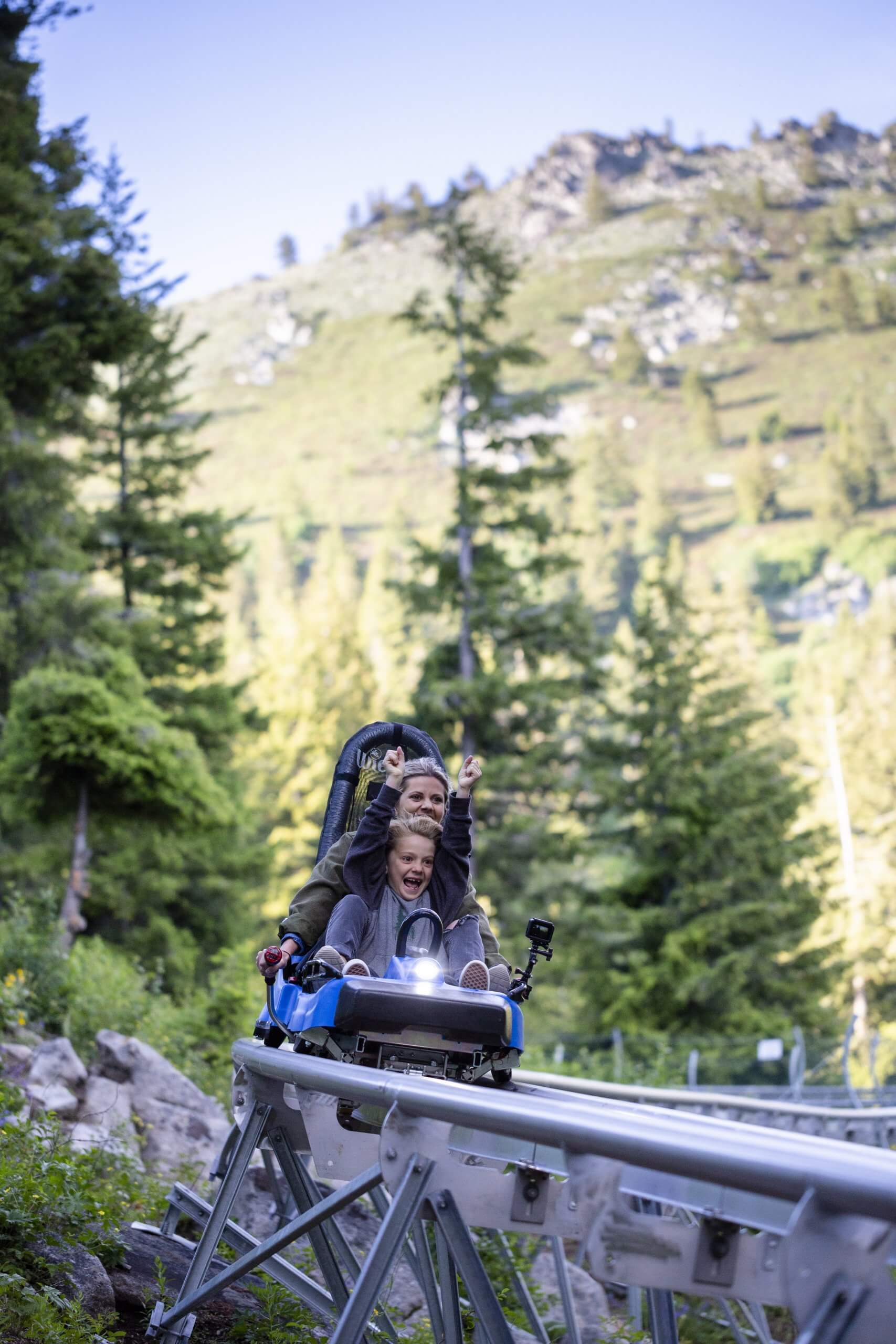 A family riding a mountain coaster.