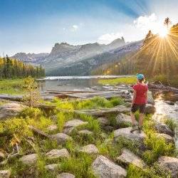 Hiking near a lake in the Sawtooth Mountains