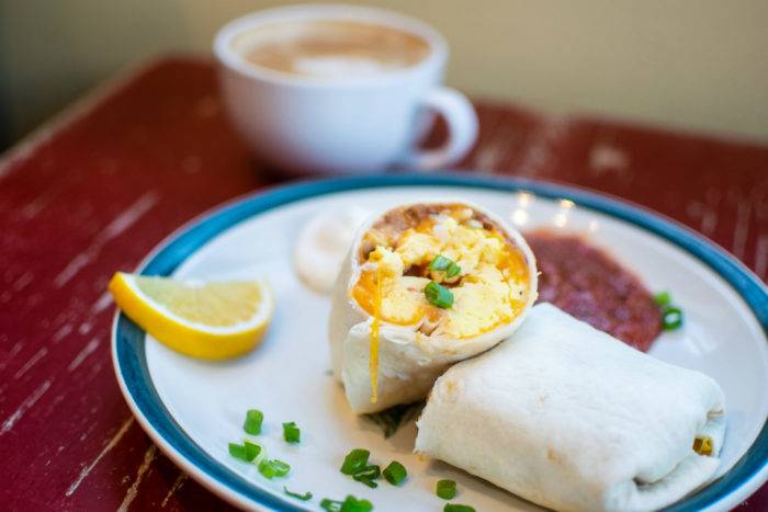 breakfast burrito and coffee