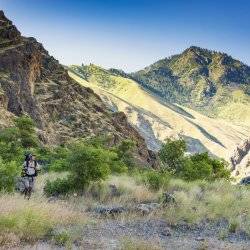 a man hiking in a canyon surrounded by trees and shrubs