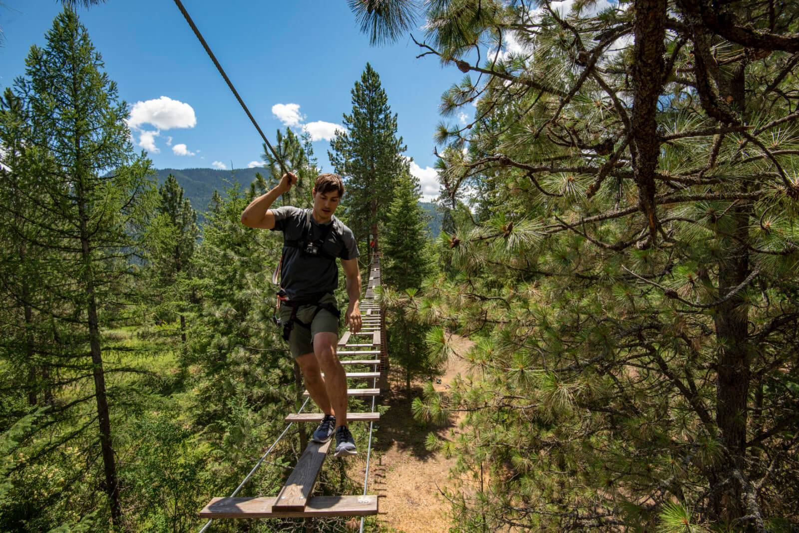 a man walks along a wood plank bridge while holding a rope, surrounded by pine trees