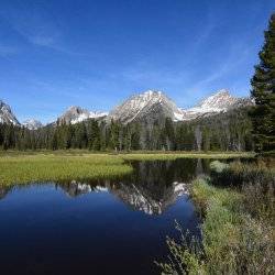 mountain reflection in still lake