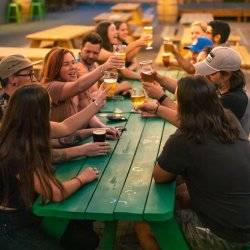 A group of people cheers glasses of beer from Lost Grove Brewing at a picnic table in their outdoor patio area.