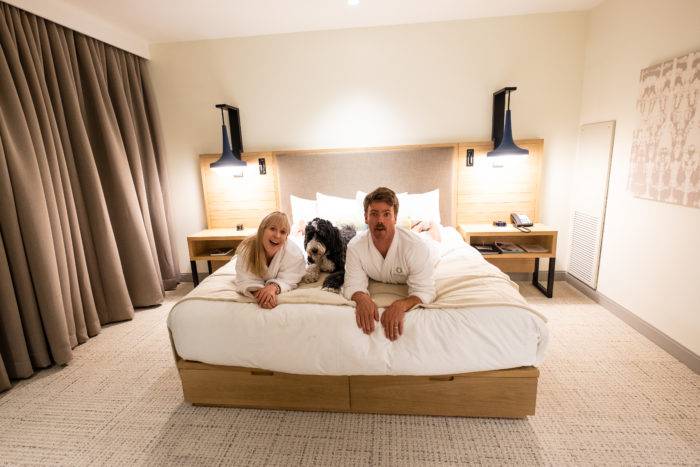 A man and woman on bed with dog in a hotel room. 