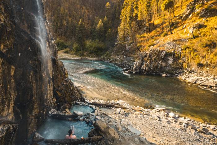 man siting in water at pine flats hot spring