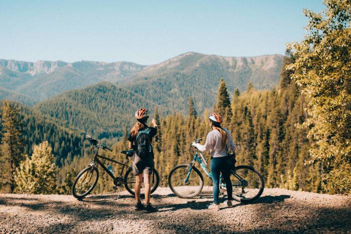 people with bikes looking at forest