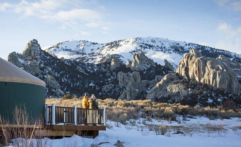 couple by yurt at castle rocks state park