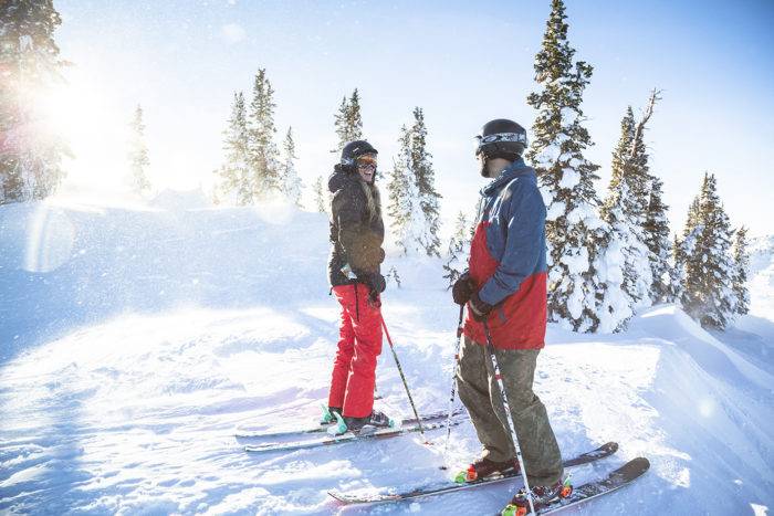 couple skiing at Pomerelle 