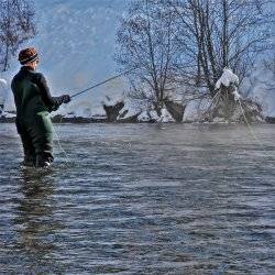 A person dressed in waders casts a line in the Henrys Fork during winter.