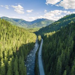 aerial shot of a car driving along Highway 12 near Kooskia