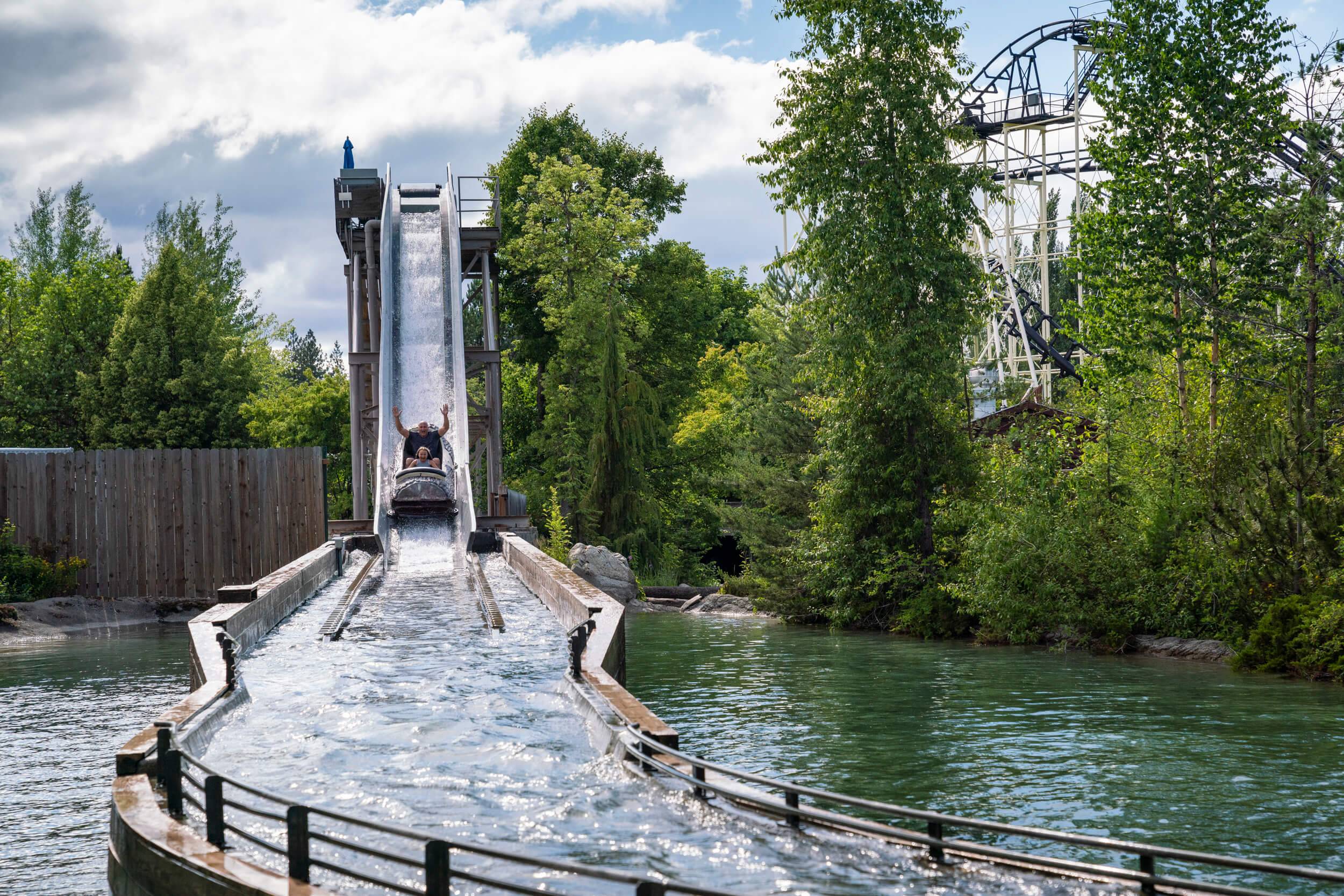 Two people on water ride at Silverwood Theme Park.