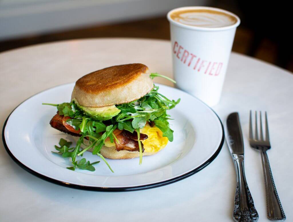 breakfast sandwich and coffee