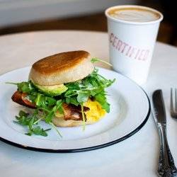 breakfast sandwich and coffee