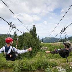 Two people ziplining over forested area.