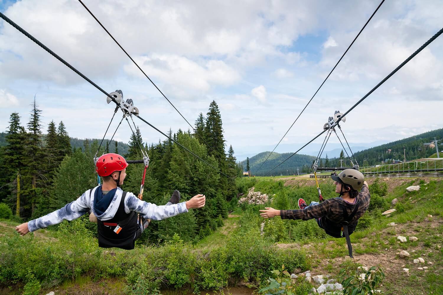 Two people ziplining over forested area.