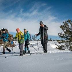 A family cross-country skiing together at Craters of the Moon National Monument and Preserve.