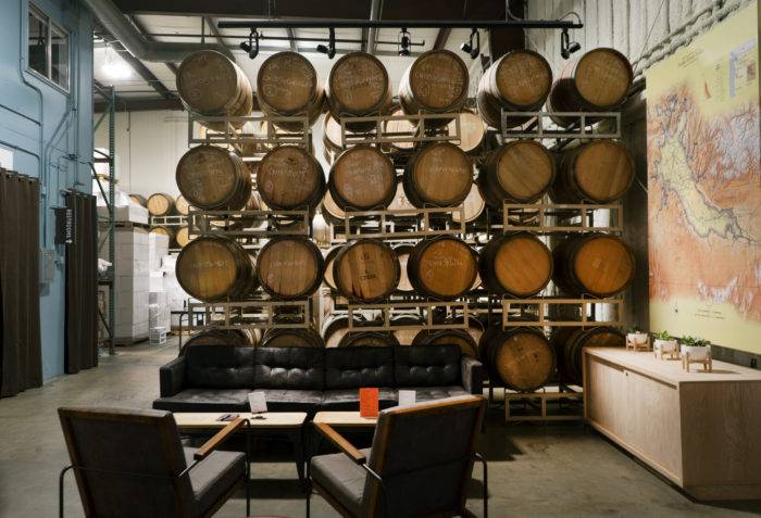 wine barrels in cinder tasting room